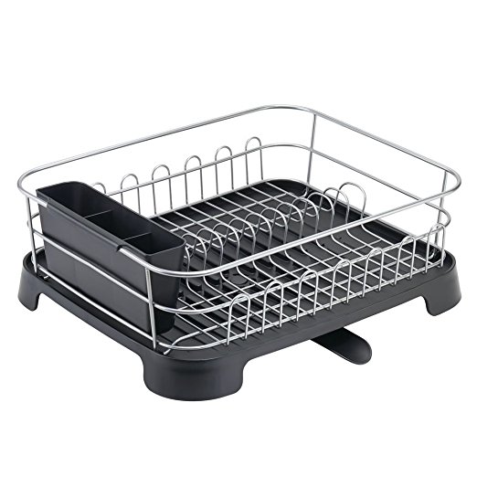 InterDesign Classico Dish Drainer for Kitchen Countertop with Swivel Spout and Utensil Caddy – Silver/Black