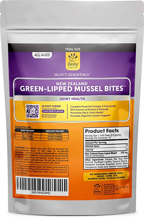 Zesty Paws New Zealand Green Lipped Mussel Chewable Treats for Dogs - with Natural Glucosamine & Chondroitin   Omega-3 Fatty Acids & Protein - Dog Hip & Joint Support Supplement Soft Chews