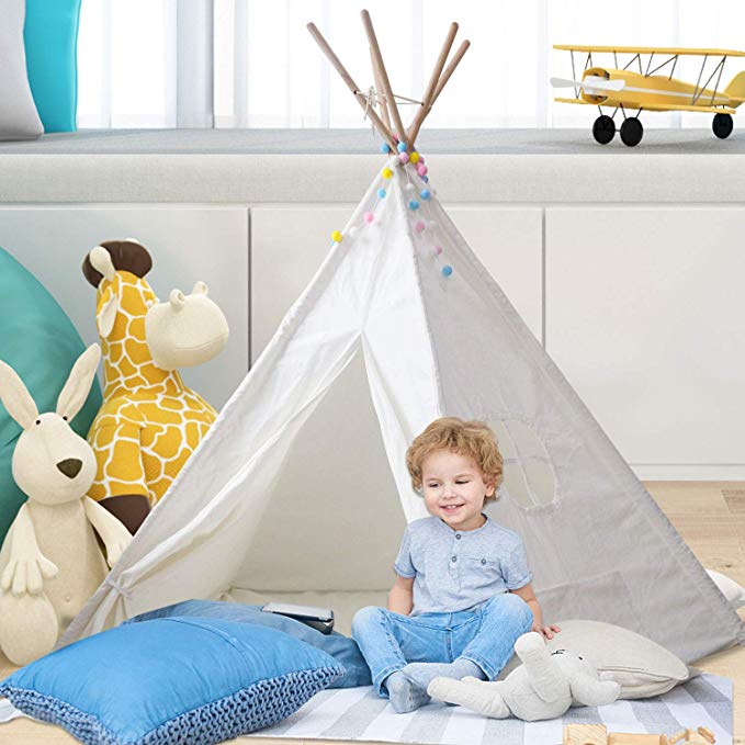 ABCCANOPY Teepee Tent for Kids- Tipi with a Floor, Five Poles, Window&Pine Wood Bonus Decoration. Foldable Children's Playhouse for Indoor or Outdoor Play. Popular Boys & Girls Gift (White)