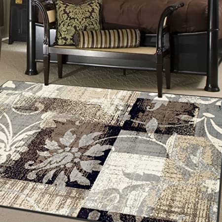 SUPERIOR Pastiche Contemporary Floral Patchwork Polypropylene Indoor Area Rug or Runner with Jute Backing, 7' X 9', Beige