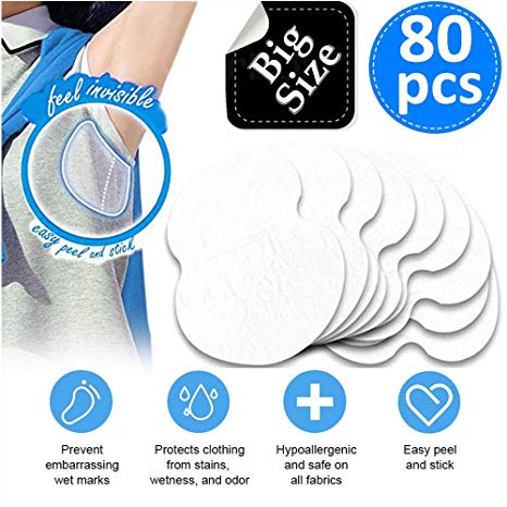 LARGE SIZE Underarm Sweat Pads - Disposable Absorbent Dress Shields Pure Antiperspirant Adhesive Underarm Pads, Comfortable, Sweat Free, Odor Blocker, Discreet, Perspiration Sweat Pad [80 Packs]