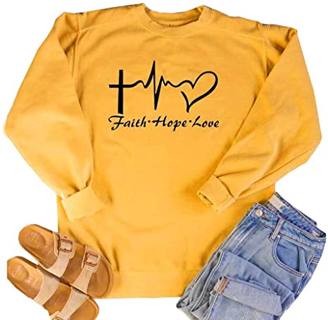 HDLTE Women Faith Hope Love Sweatshirt Long Sleeve Loose Pullover Tunic Top Blouse