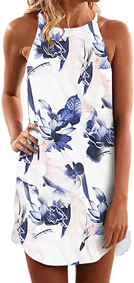 Asvivid Halter Palm Leaf Floral Casual Dresses for Women Summer Beach Dress Sleeveless Short Sundresses