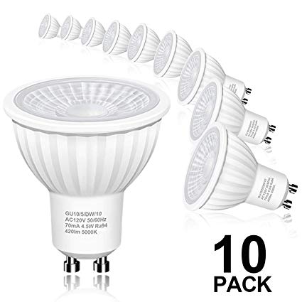 Hizashi Flicker-Free GU10 LED Bulbs, 94 CRI, 50W Halogen Bulb Equivalent, 4.5W 420LM LED Spot Light, 5000K Daylight White LED Light Bulbs Recessed Lighting, Track Lighting, Non Dimmable, 10Pack