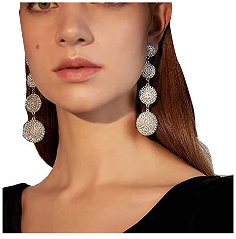 fxmimior Fashion Women Silver Rhinestones Circle Earrings Long Chain Drop Dangle Earrings Jewelry