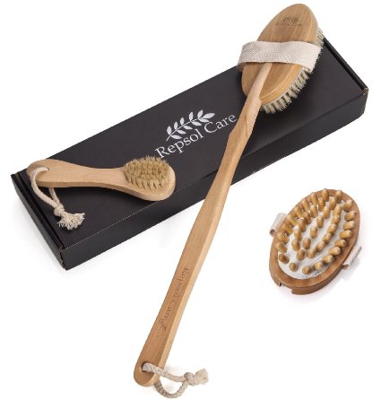 Body Brush for Dry Skin Brushing with Natural Boar Bristles and Detachable Long Handle - Back Brush, pre Shower & Bath Brush for Exfoliating & Reduce Cellulite