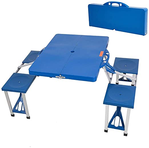 Dporticus Outsunny Portable Lightweight Folding Suitcase Picnic Table/Built-in 4 Chairs(Blue)