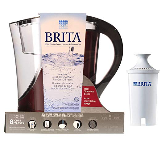 Brita Water Filter Pitcher   1 Filter, 8 Cups Capacity, Red Stainless Steel