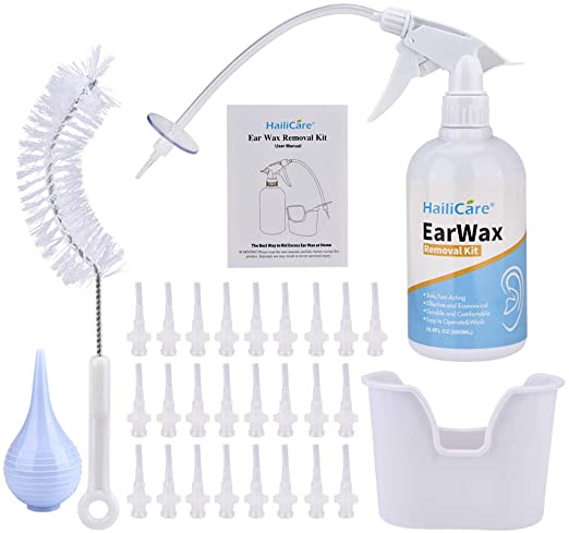 500ml Earwax Removal Tool Kit - HailiCare Earwax Washer System Including Ear Washer Bottle, Ear Basin, Squeeze Bulb, 25 Soft Disposable Tips, Clean Brush (500ml Kit)