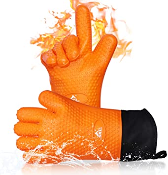 Silicone Cooking Gloves Heat Resistant Oven Mitt, Washable Non-Slip BBQ Gloves, Extended Forearm Protection, Grilling Gloves with Cotton Layer, Pot Holder for Cooking Baking Frying Barbecue, Orange