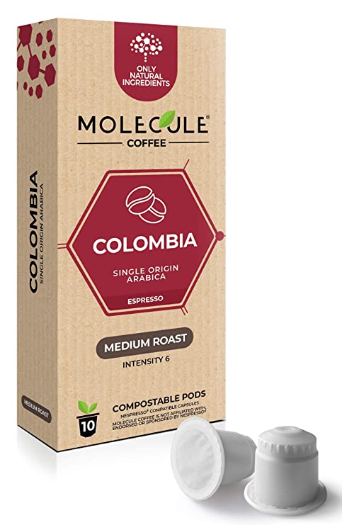 Molecule Coffee - Colombia Coffee Pods - 10 Nespresso Compatible Compostable Pods - for OriginalLine Machines | 100% Arabica Eco-Friendly Capsules | Medium Roast | Espresso Lungo Ristretto