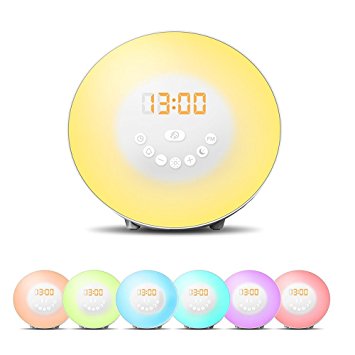 JJcall 2017 Newest Version Wake Up Light FM Radio Alarm Clock, Nature Night Light With 7 Colors, Nature Sounds, FM Radio, Touch Control and USB Charger