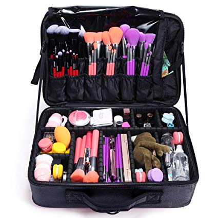 Docolor Makeup Train Case Multi Functional Professional Portable Makeup Bag Make Up Artist Box Cosmetic Organizer for Cosmetics Makeup Brushes Beauty Tool (Black，Large)