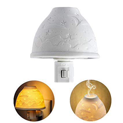 Warm Night Light Ceramic Night Light Porcelain Night Light Kimfly Art Night Light Plug in with Essential Oil Aromatherapy Furnace and Incandescent Bulb, Suit for Bedroom, Living Room, Hallway