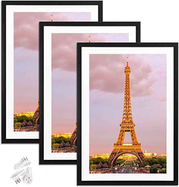 upsimples 13x19 Picture Frame Set of 3,Made of High Definition Glass for 11x17 with Mat or 13x19 Without Mat,Wall Mounting Photo Frame Black