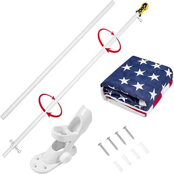 American Flag 3x5 ft with White Pole Kit: Longest Lasting US Flag, Embroidered Stars, Brass Grommets, 6 Ft No Tangle Flagpole Aluminum and 2-Position Flag Pole Bracket