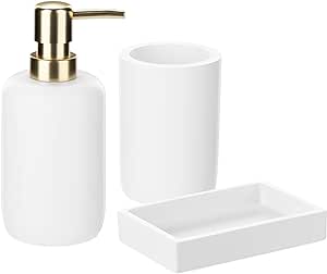 Navaris Decorative Bathroom Accessories Set - 3-Piece Bath Accessory Kit with Toothbrush Holder/Liquid Soap Dispenser/Soap Dish Tray - White