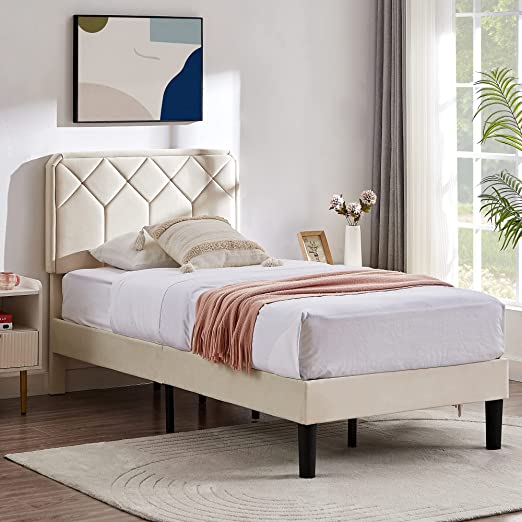 VECELO Twin Size Bed Frame Premium Leather Upholstered Platform with Height Adjustable Headboard/Mattress Foundation, Solid Wooden Slat Support, No Box Spring Needed/Easy Assembly