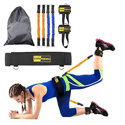 TOCO FREIDO Booty Belt Workout Band Program, Lift & Tone Your Perfect Butt, Vertical Jump Trainer Adjustable Levels with 4 Resistance Bands, Cushioned Waist Belt, Ankle Cuffs, Carry-on Bag