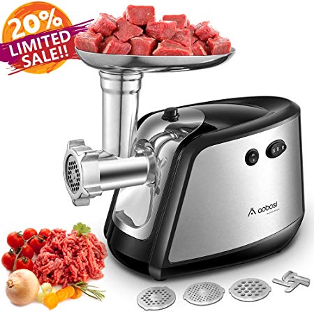Aobosi Electric Meat Grinder, Meat Mincer & Sausage Stuffer with 3 Stainless Steel Grinding Plate Sausage Making Kit Blade & Kubbe Attachment for Home & Commercial Use/1200W Max