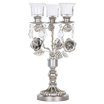 Amalfi Décor Madeleine Antique Silver Metal Candelabra Centerpiece 3 Votive Candle Taper Candlestick Holder Accent Stand