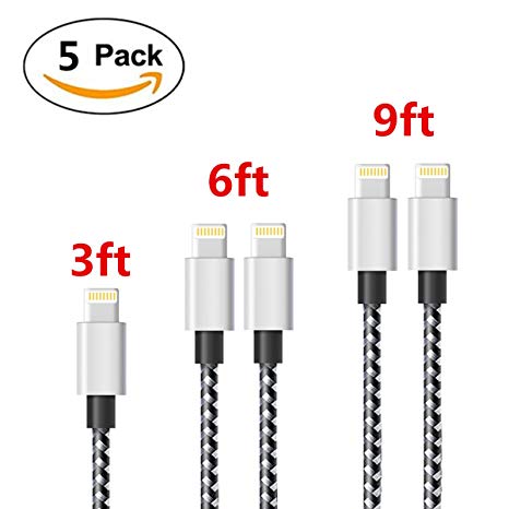 Lightning Cable,iPhone Charger 5PACK 3FT/6FT/6FT/10FT/10FT Nylon Braided 8 pin Charging Cables USB Charger Cord, Compatible for iPhone X / 8 / 8 Plus / 7 / 7 Plus / 6 / 6 Plus / iPad(Silver)