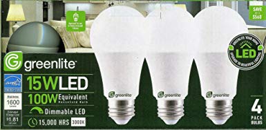 Greenlite, 15 Watt LED, 100 Watt Equivalent, Dimmable, 1600 Lumens, 3000K 4 Pack