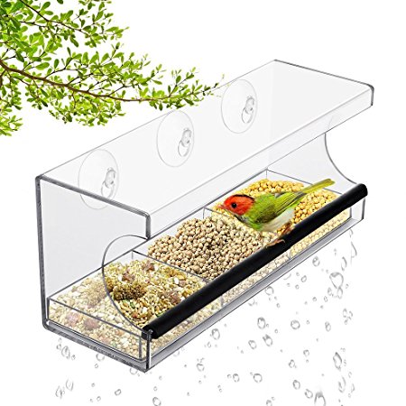 HiCollie Large Window Bird Feeder Clear Removable Tray Drain Holes 3 Heavy Duty Suction Cups