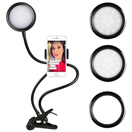 Dimmable Selfie Ring Light with Cell Phone Holder for Live Stream,Video Chat, Oenbopo 360 Long Arm Clip-On Table Holder LED Fill-In Light for iPhone X/8/7/6S/6plus,Samsung,HTC,LG (3-level brightness)