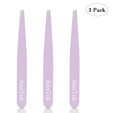 Slant Tweezers Set, 3 Pcs Anntuk Premium Stainless Steel Slant Tips Tweezers, Best Precision Eyebrow and Hair Remover (Light Pink)