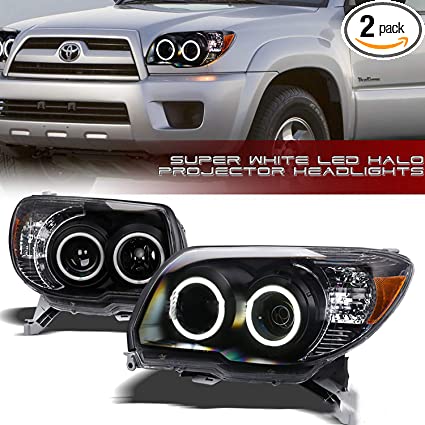 HS Power Matte Black DRL White LED Halo Projector Headlights Compatible with 2002-2005 2006-2009 Toyota 4Runner