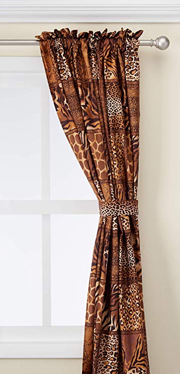 4 Piece Curtain Set: 2 Jungle Safari Brown Giraffe Zebra Panels & 2 Tie Backs