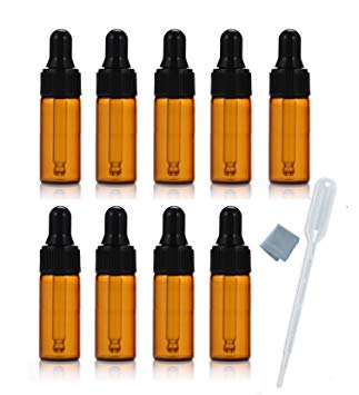 Simple-e 10pcs 5ml 1/6oz Amber Mini Glass Bottle Amber Sample Vial Small Essential Oil Bottle with Glass Eye Dropper   1pc Glass Clean Cloth   1pc 3ml dropper (10)