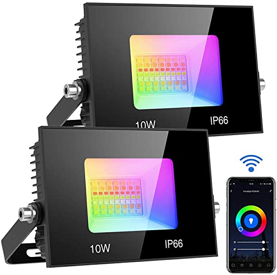 Olafus 2 Pack 10W Smart LED Flood Lights, WiFi RGBCW Dimmable Floodights Color Changing, IP66 Waterproof Outdoor Multicolors, Wall Washer Light 2700K to 6500K APP Control Works with Alexa, Music Synch