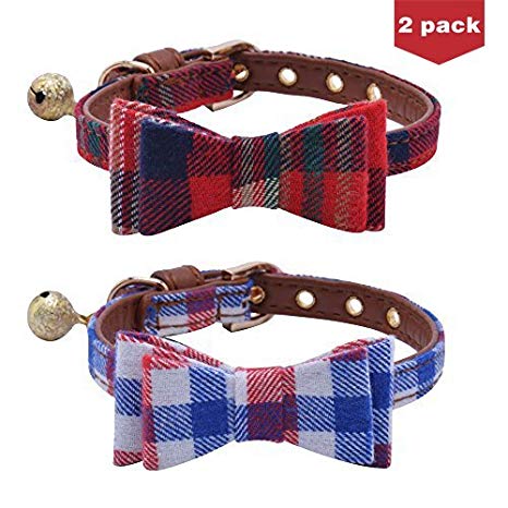 BINGPET Adjustable Leather Bow Tie Collar with Bell Charm for Small Dogs Puppy Cats 2 pcs/set