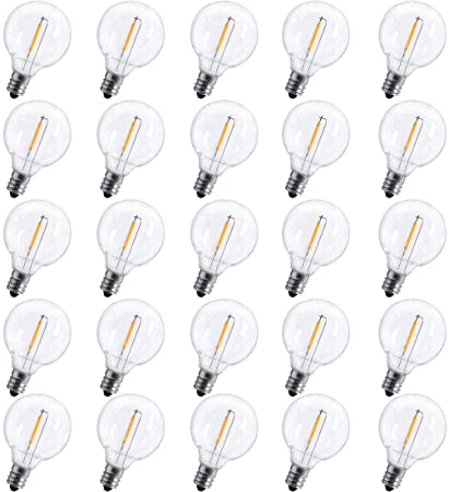 G40 LED Replacement Bulbs 25 Pieces Shatterproof Bulbs E12 Base LED Globe String Light Clear Bulbs for Patio Garden Pergola City Porch Classroom UL Listed for Indoor&Outdoor Use