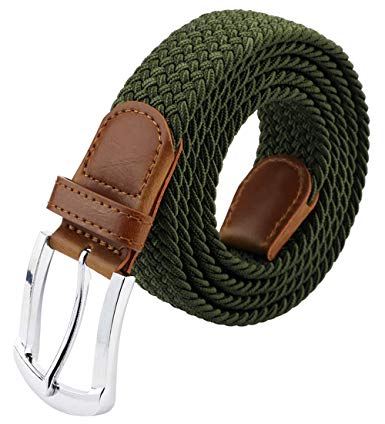 Maikun Braided Elastic Stretch Woven Belt with Leather Tip Nickle Pin Buckle 41 45 49in
