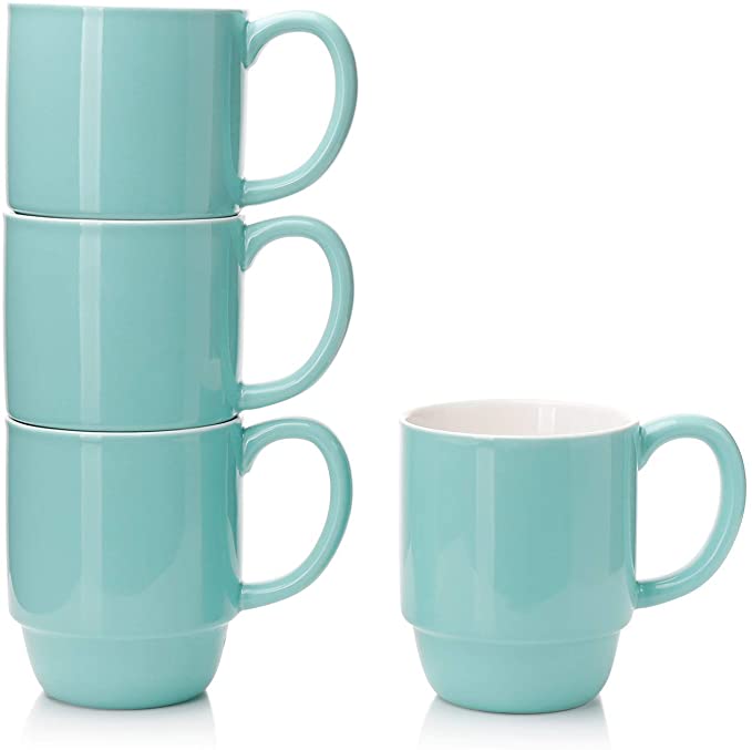 Teocera Porcelain Stackable Mugs, Coffee Mugs Set - 16 Ounces for Coffee, Cocoa, Tea - Set of 4, Turquoise