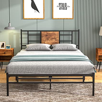 VECELO Full Size Bed Frame with Wood Headborad, Mattress Foundation, Metal Platform with Steel Slats Support, No Box Spring Needed, Matte Black