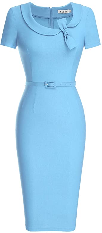 MUXXN Women's Audrey Hepburn Style Short Sleeve Belt Waist Cocktail Tea Dress