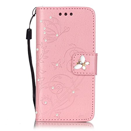 ARSUE Premium Vintage Emboss Butterfly Flower Flip Wallet Shell PU Leather Magnetic Cover Skin with Detachable Wrist Strap Case for Samsung Galaxy S6 Edge Plus - Pink/bling