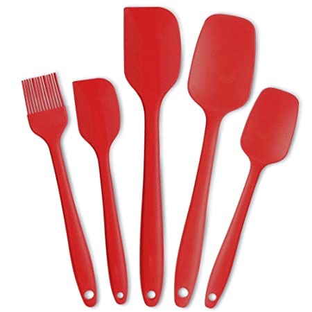IDEALHOUSE Heat Resistant Food Grade Non-Stick Silicone Spatula Set for Cooking Baking Cake Decorating (5 Set , Red)