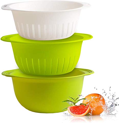 zova Stackable Large Kitchen Colander Deep Bowl Strainer for Kitchen with Handles, White & Green