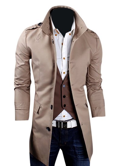 Kiistyle Mens Trench Coat Casual Stand Collar Solid Color Single Breasted