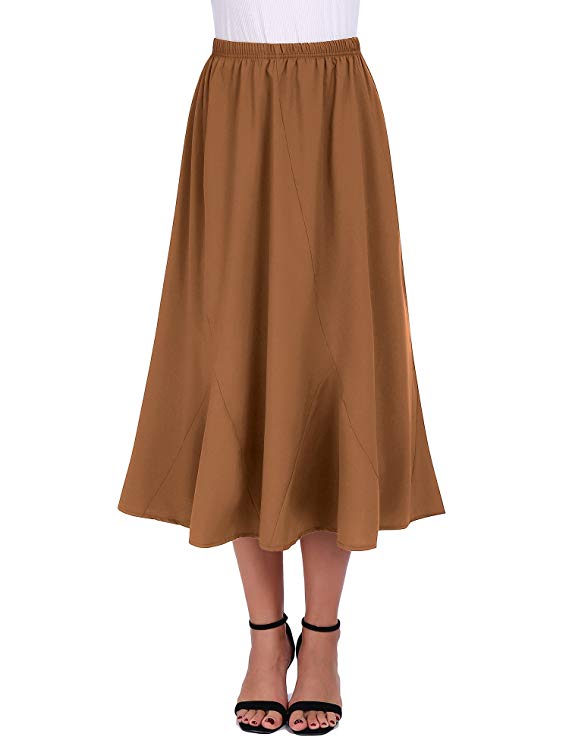 FISOUL Women Vintage Elastic Waist Skirts Casual Blow Knee Length Flared A-Line Pleated Long Skirts