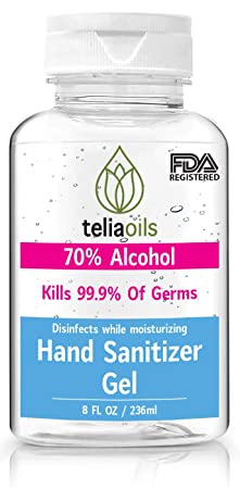 Hand sanitizer Gel 70% Alcohol 8 Fl oz by Teliaoils (Pack of 1)