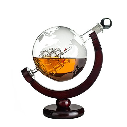 Eravino World Globe Decanter For Scotch, Bourbon, Rum, Liquor, and Wine with Antique Glass Ship and Bar Funnel – (850ml – 30oz)