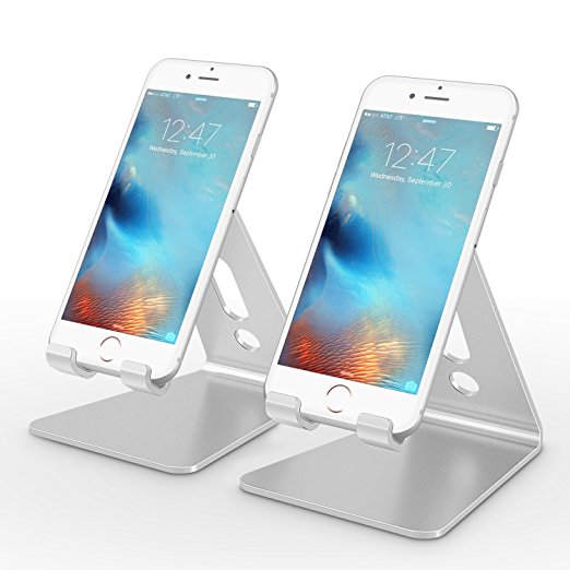 Cell Phone Stand, [2 Pack] OMOTON Desktop Cellphone Stand Tablet Stand, Advanced 4mm Thickness Aluminum Stand Holder for Mobile Phone (All Size) and Tablet (Up to 10.1 inch), Silver