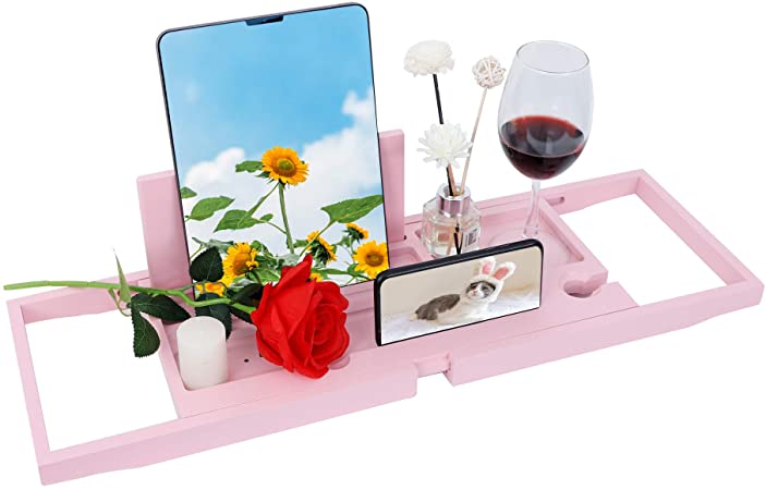 N / A Bathtub Caddy Tray for Luxury Bath, Extendable Wooden and Bamboo Bathtub Tray, with Wine and Bookshelf, Ideas Gifts for Women