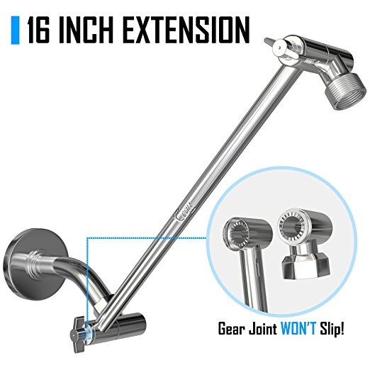 Coeur Designs 16 Inch Extra Long Shower Extension Arm. Solid Brass. Height/Angle Adjustable With a Unique Locking Gear for a Perfect Position Every time. Holds All Showerhead Sizes!!